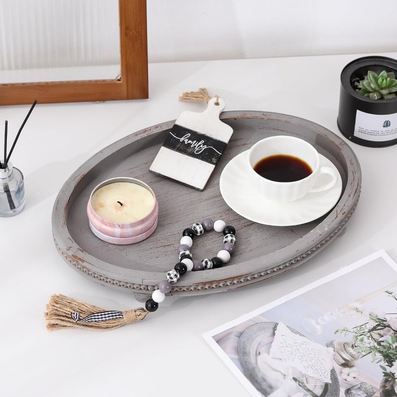 FESTWIND Oval Wooden Tray, Decorative Trays for Home Decor Coffee Table Kitchen Dinning Table, Small Wood Beaded Tray for Decor Grey - Image 2